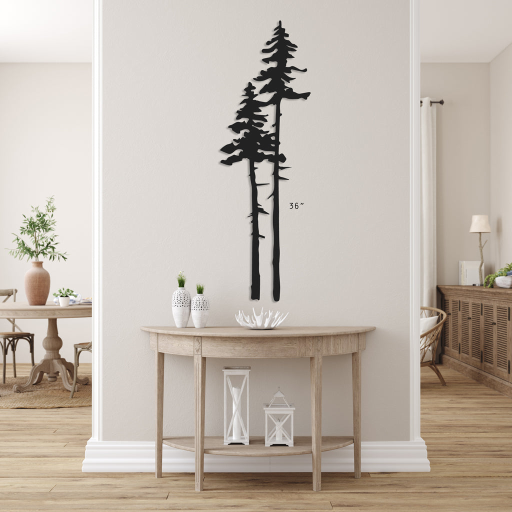 Two Tall Metal Evergreen Trees
