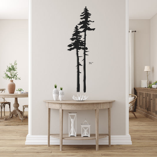 Two Tall Metal Evergreen Trees
