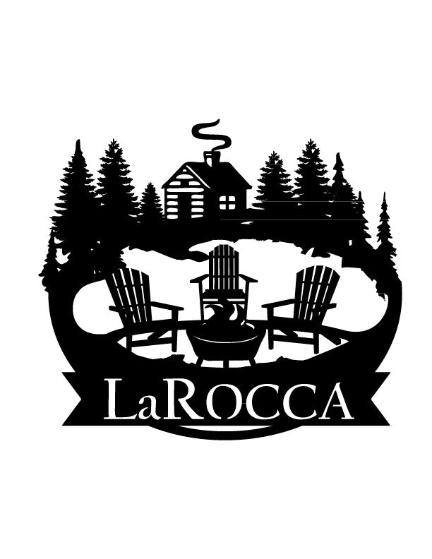 A Monogram Cabin With 3 Chairs Around a Campfire
